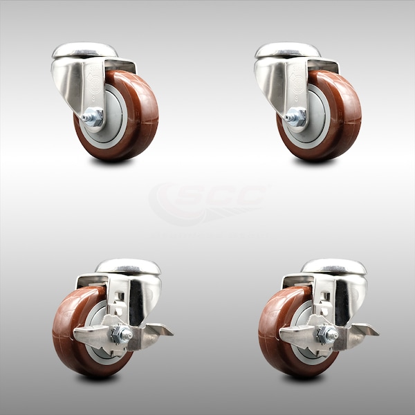Service Caster 3 Inch 316SS Maroon Polyurethane Wheel Swivel Bolt Hole Caster Brakes SCC, 2PK SCC-SS316BH20S314-PPUB-MRN-2-TLB-2 - main